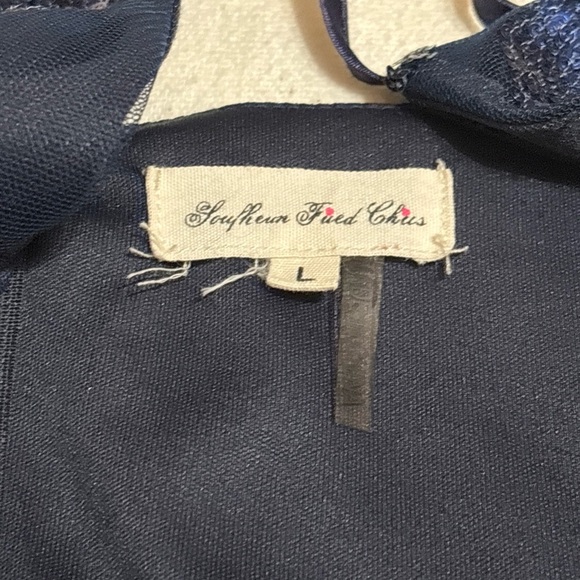 Evening Gown Navy Lace Shear Sequins Spaghetti Strap Deep V-Neck SzL Lined - Picture 11 of 12